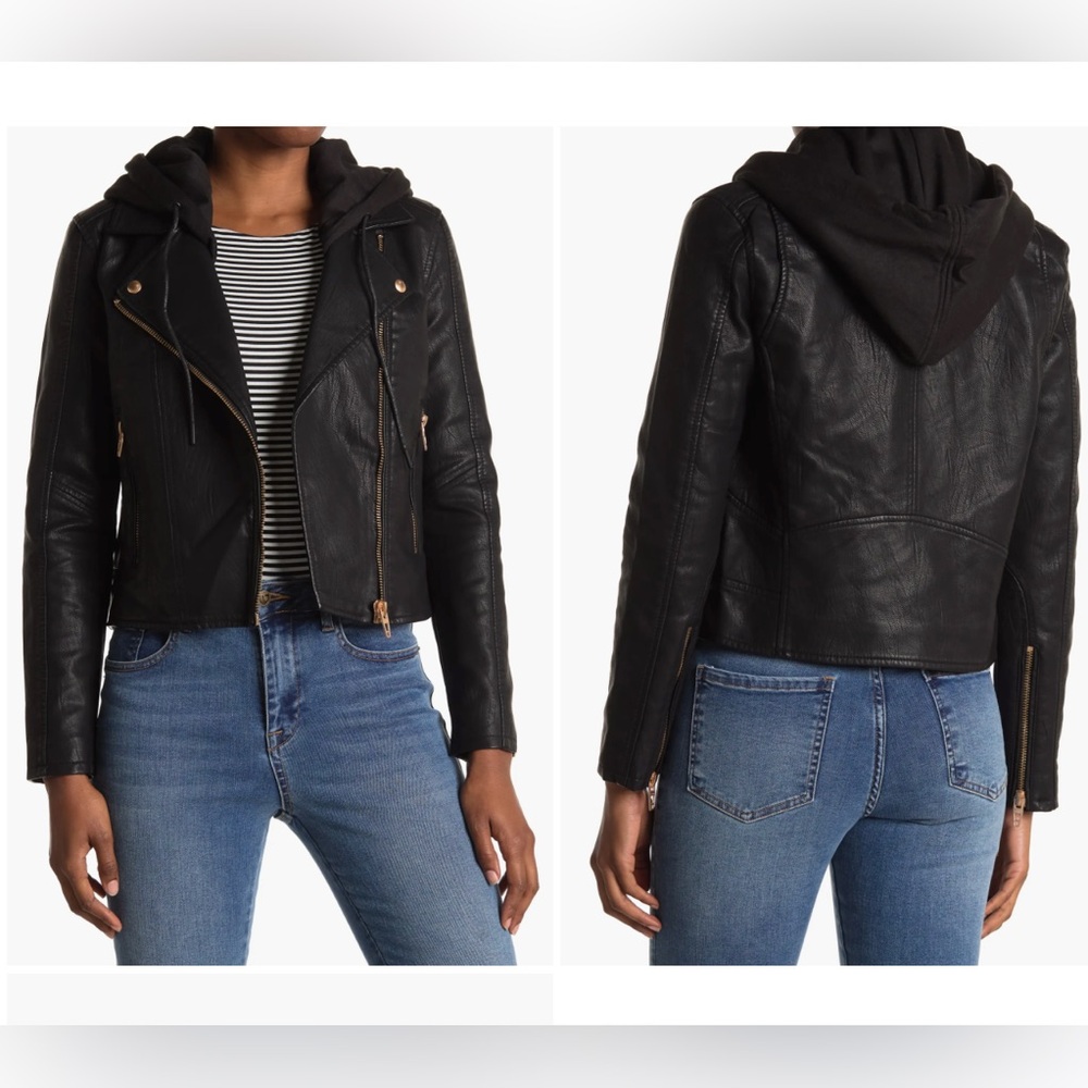 BLANKNYC Faux Leather Hooded Crop Moto Jacket